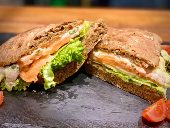 Platter 10 pcs small ciabatta multi-seeded with salmon, avocado sauce and cucumber 